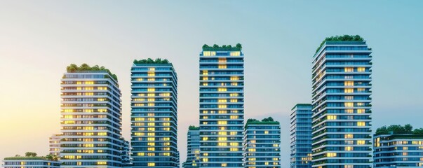 Poster - Modern skyscrapers with greenery, showcasing urban architecture at sunset.