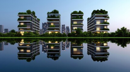 Poster - Modern buildings with greenery reflected in water at twilight.