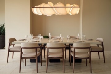 Poster - Modern dining room table set for eight with designer lighting fixture