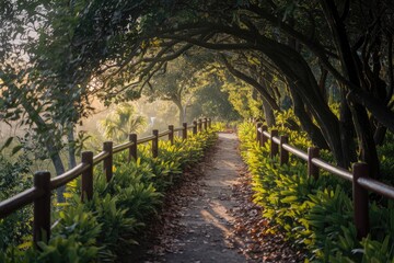 Wall Mural - Sun shining through trees on lush green forest path