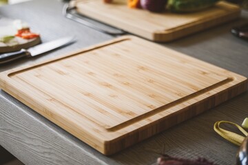 Poster - Empty bamboo cutting board on kitchen counter with vegetables in background
