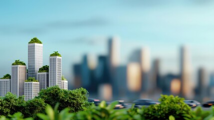 Poster - Green skyscrapers surrounded by modern cityscape with blurred background.