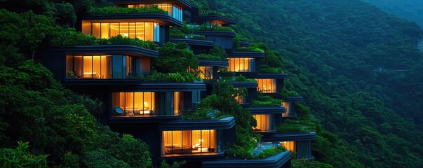 Poster - Modern hillside homes illuminated at night with lush greenery.