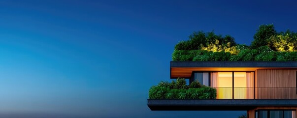 Poster - Modern architectural design with greenery on a balcony against a twilight sky.