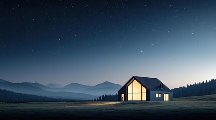 Aufkleber - Modern house illuminated at night with mountains in the background.