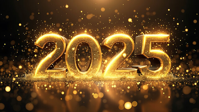 HAPPY NEW YEAR 2025. Golden yellow firework and champagne classes toasting on blue night texture with bokeh lights
