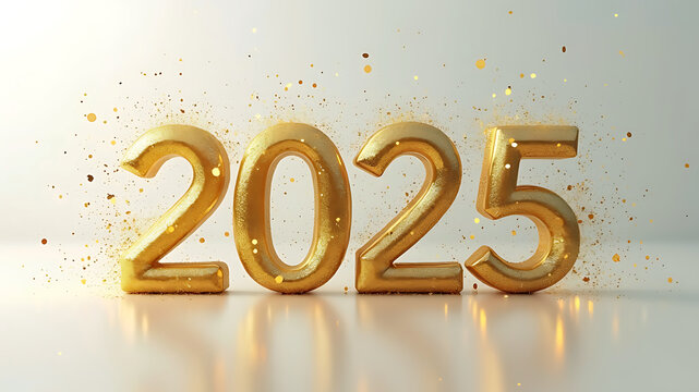 HAPPY NEW YEAR 2025. Golden yellow firework and champagne classes toasting on blue night texture with bokeh lights
