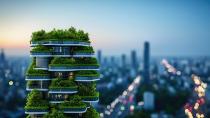 Poster - Modern green building with lush terraces overlooking a city skyline at sunset.