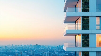 Poster - Modern apartment building with city skyline at sunset, vibrant colors in the sky.