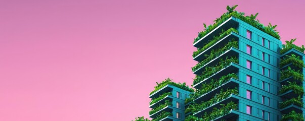 Aufkleber - Modern green skyscraper with lush vegetation against a vibrant pink sky.