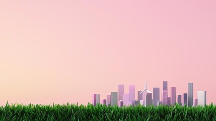 Poster - Urban skyline with green grass and a pink sky at sunset.