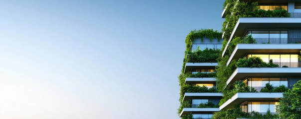 Poster - Modern eco-friendly building with greenery, clear blue sky in the background.