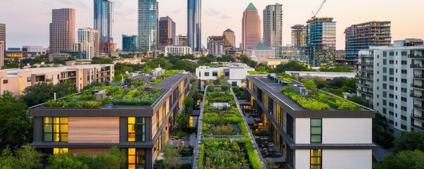 Poster - Modern urban landscape with green roofs and skyscrapers at sunset.
