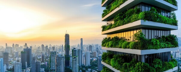 Poster - Modern eco-friendly building with greenery against a city skyline at sunset.