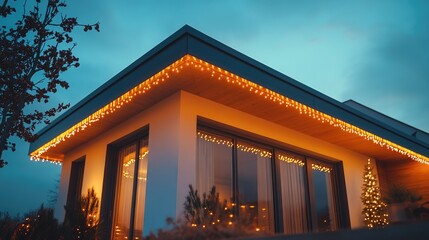 Modern house decorated with christmas lights during blue hour