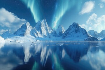 Wall Mural - Northern lights illuminating snowy mountains reflecting in calm water