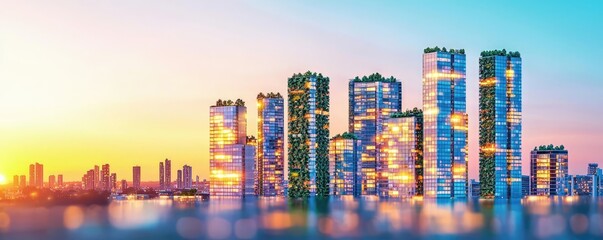 Poster - Modern skyscrapers illuminated during sunset, reflecting in the water.
