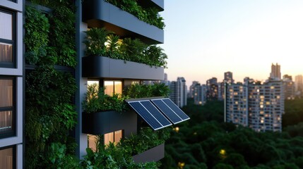 Poster - Modern building with greenery and solar panels at sunset in an urban environment.