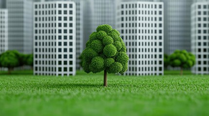 Poster - Tree standing in green grass amidst modern buildings in urban setting.