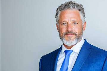 Poster - A happy middle-aged CEO in a suit stands in his office using a digital tablet. A smiling mature businessman and executive manager gazes away while working on a tech device in this authentic shot.