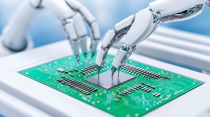 Poster - In the brightly lit Bright Electronics Factory, an advanced high-precision robot arm performs component installation on circuit boards, contributing to the electronic devices production industry