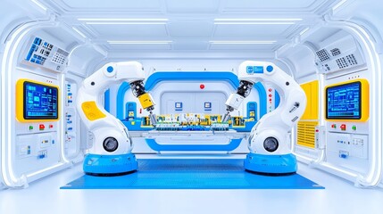 Poster - High-Precision Robotic Arms for Automated Manufacturing: Automated PCB Assembly Line in a Modern Electronics Factory. Industry of Electronic Devices Production. Component Installation Process.