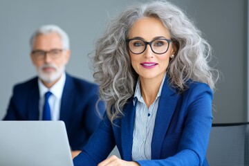 Poster - Two mid-aged professionals, a man and a woman, are at a meeting table discussing a digital project and commercial tech solutions. The busy colleagues, executives, are using laptops and having a