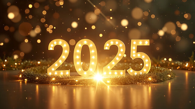 HAPPY NEW YEAR 2025. Golden yellow firework and champagne classes toasting on blue night texture with bokeh lights