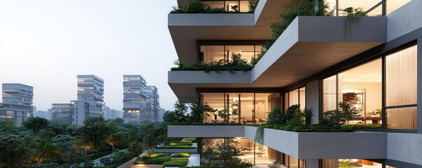 Poster - Modern architectural design with greenery on balconies in urban setting.