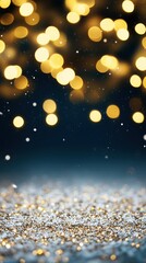 Wall Mural - gold bokeh lights on dark background with copy space. holiday celebration backdrop