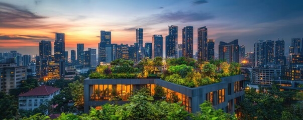 Poster - Modern skyline with green rooftops under a stunning sunset.