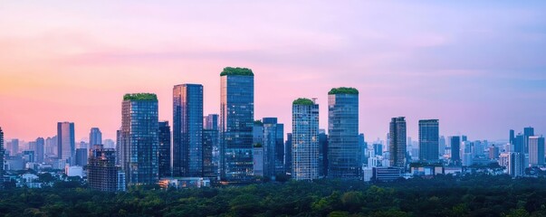 Poster - Modern city skyline at sunset with greenery on rooftops, vibrant colors.