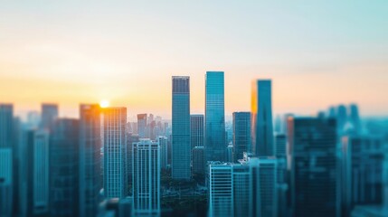 Poster - Urban skyline during sunset with tall buildings and clear sky.