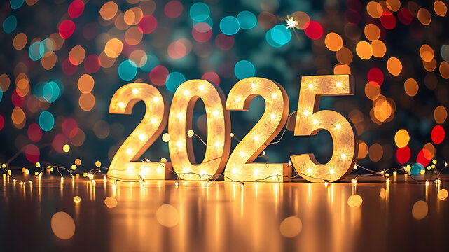 HAPPY NEW YEAR 2025. Golden yellow firework and champagne classes toasting on blue night texture with bokeh lights