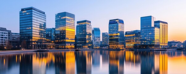 Poster - City skyline with modern buildings reflecting in the water at sunset.
