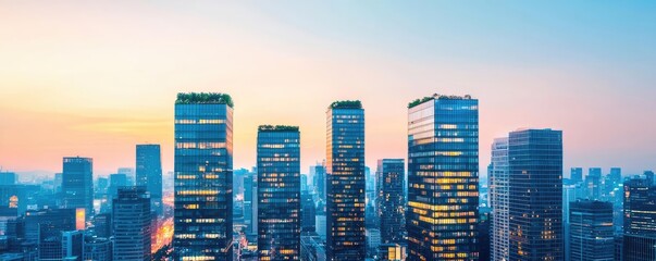 Poster - Urban skyline at sunset with modern skyscrapers and vibrant colors in the sky.