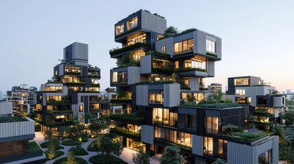 Poster - Modern stacked buildings with greenery, urban lifestyle visual at dusk.