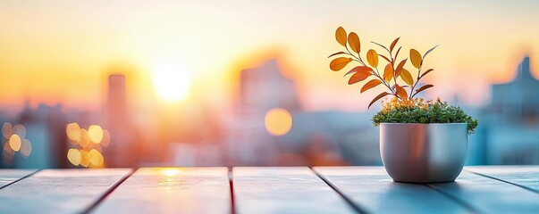Poster - A green plant in a pot on a wooden table with a beautiful sunset backdrop.