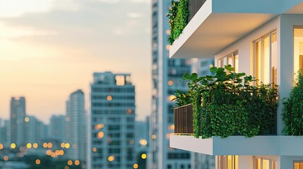 Poster - Modern apartment balcony with green plants, city skyline in the background, soft lighting.