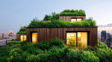 Poster - Modern eco-friendly house with green rooftop in an urban setting