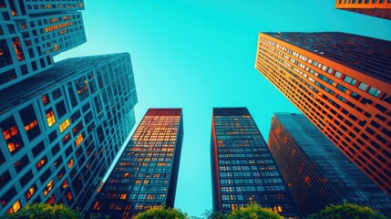 Poster - View of skyscrapers from below with vibrant colors and clear blue sky.