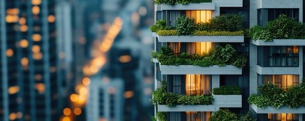 Poster - Modern apartment building with green balconies and city lights at dusk.