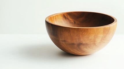 A wooden bowl on a white surface.