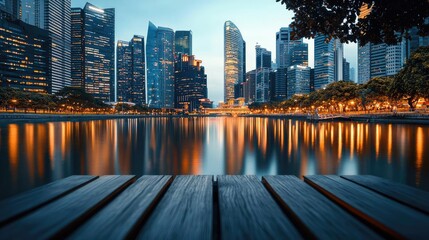 Poster - City skyline at twilight reflecting on calm water, urban landscape with modern architecture.