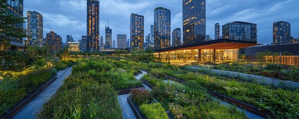 Poster - Urban green space with city buildings at dusk, blending nature and architecture.