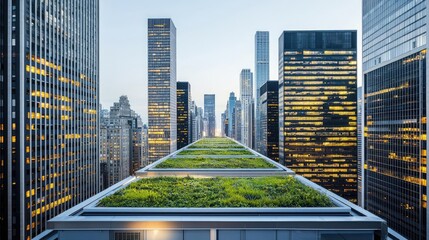 Poster - Modern city skyline with green architecture and rooftop gardens.