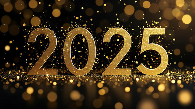 HAPPY NEW YEAR 2025. Golden yellow firework and champagne classes toasting on blue night texture with bokeh lights