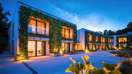 Poster - Modern house exterior with greenery at night, warm lighting, and starry sky background.