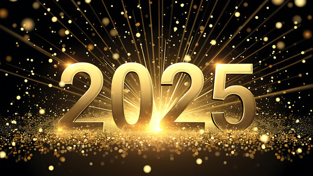 HAPPY NEW YEAR 2025. Golden yellow firework and champagne classes toasting on blue night texture with bokeh lights