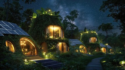 Poster - Eco-friendly homes with greenery and solar panels under a starry night sky.